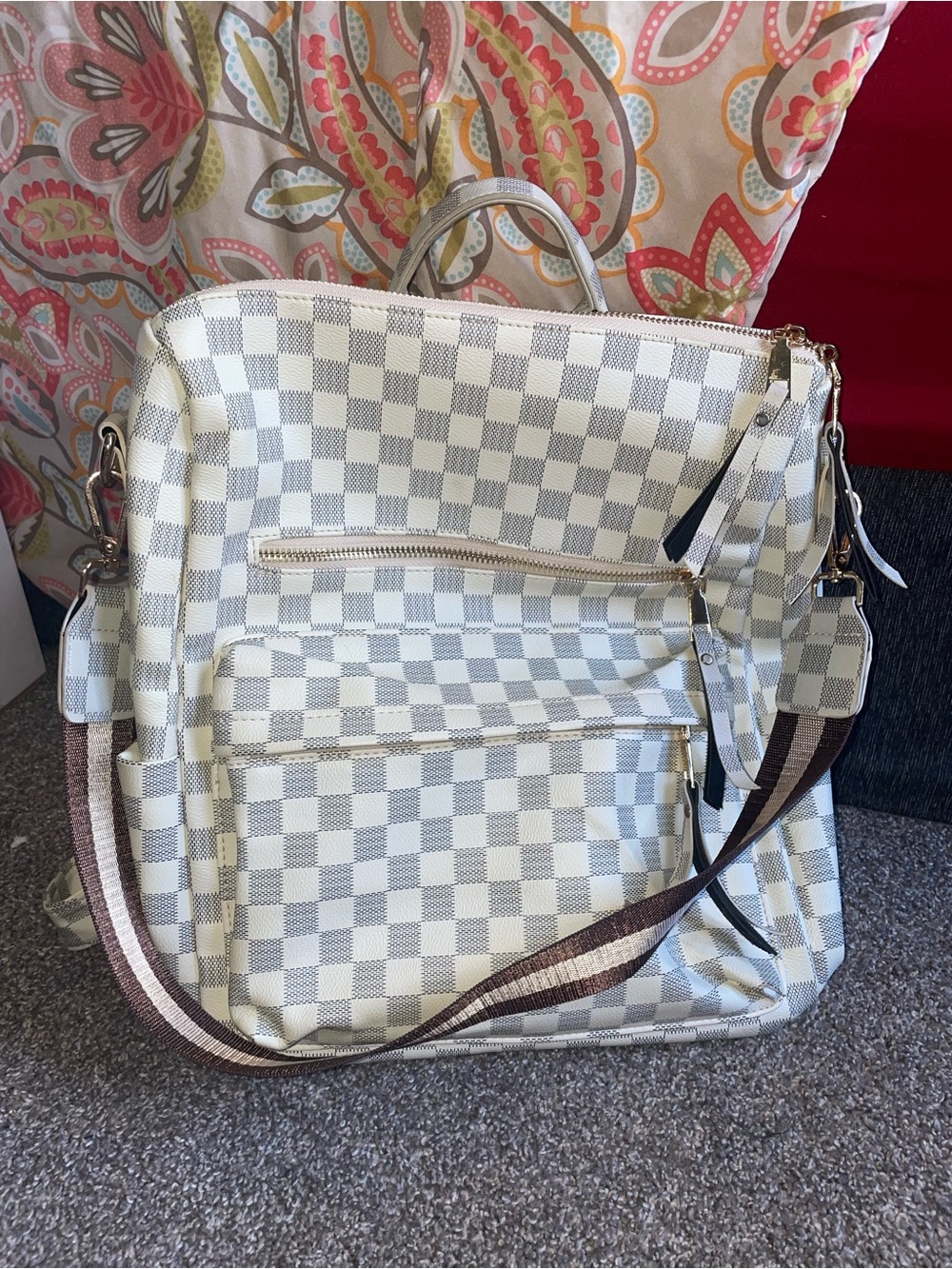 Checked Canvas Convertible Women’s Backpack Tote in White
